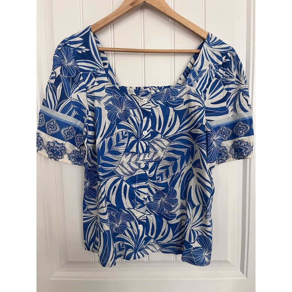 CATO Top Womens M Babydoll Tropical Hawaiian Cotton Blue Puff Slv Smocked 543
